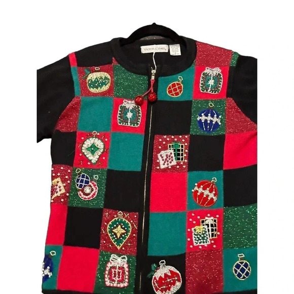 Victoria Jones Women's Multicolor Christmas Presents Zip Up Sweater Size S - Picture 1 of 6